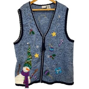 VTG Y2K White Stag 18-20W Plus Christmas Sweater Vest Cardigan‎ Snowman Ornament